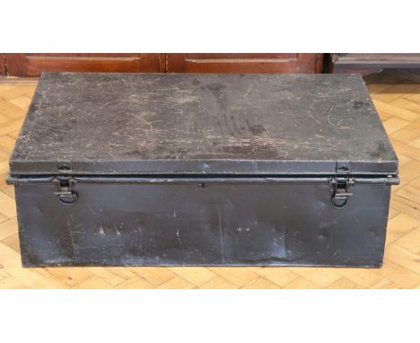A late 19th / early 20th Century japanned steel military or other uniform trunk, 92 x 58 x 30 cm