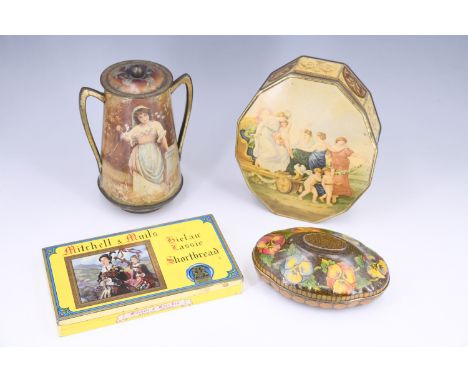 Four vintage printed tinplate boxes comprising a MacFarlane Lang &amp; Co Ltd biscuit tin in the form of a two-handled caddy,