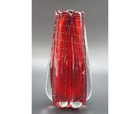 A Whitefriars controlled-bubble ruby glass vase, of tapering lobed form, shape number 9772, circa 1960s, 23 cm 