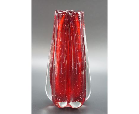 A Whitefriars controlled-bubble ruby glass vase, of tapering lobed form, shape number 9772, circa 1960s, 23 cm 