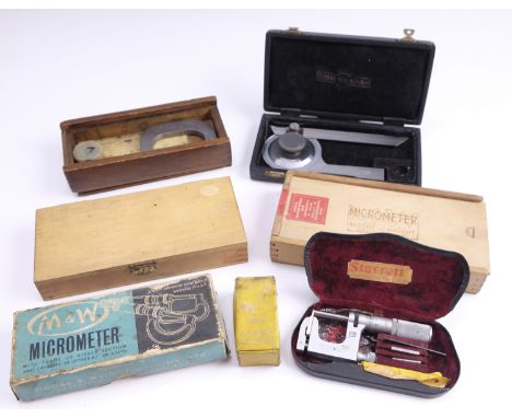 Five vintage micrometres, a Moore and Wright vernier angle gauge, etc 