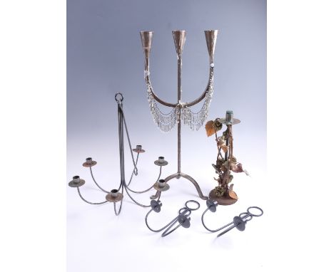 A late 20th Century wrought iron six branch chandelier and a conforming pair of two branch wall sconce, together with a tride