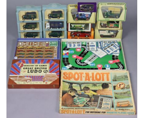 A 1960s Lotts “Spot-A-Lot” motoring observation game; a Ministry of Games Great British Ludo game; &amp; 31 various die-cast 