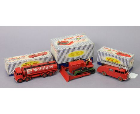 Three Dinky die-cast scale models “Blaw Knox Bulldozer” (No 961); “Fire Engine, with extending ladder” (No 955); &amp; “Foden