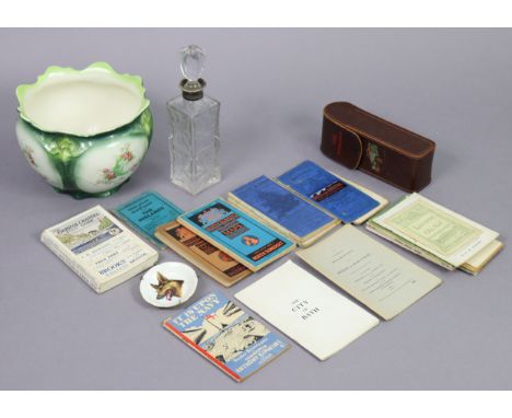 Five various vintage linen-backed fold-away maps; together with various guide books; a cut-glass decanter; a jardiniere; &amp
