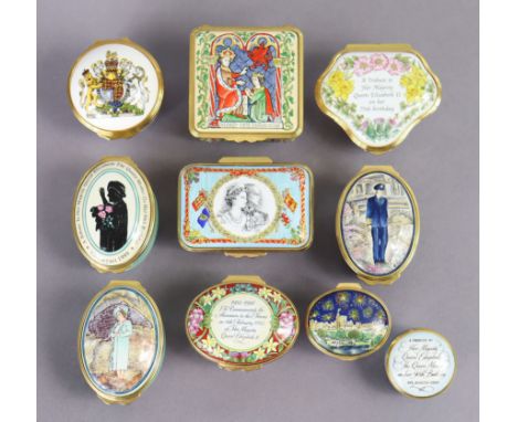 Nine Halcyon Days enamel boxes of varying size and shape, commemorating English monarchs and one by Royal Worcester.