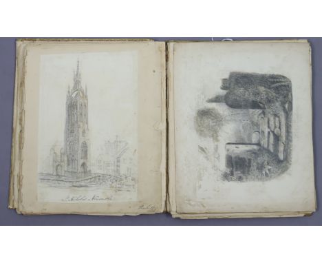 A 19th century scrap-book, circa 1820s-50s, containing numerous watercolours, drawings, cut-outs, manuscript verse, etc.
