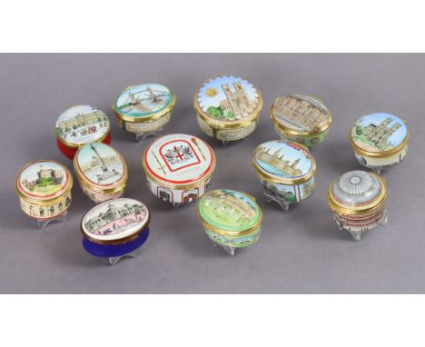 Ten Halcyon Days enamel boxes of varying sizes, each decorated with landmarks of London &amp; two others by Crummles &amp; St
