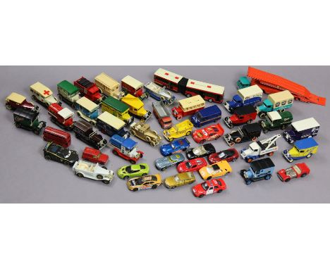 Approximately fifty various die-cast scale model vehicles by Lesney, Lledo, etc, all unboxed.