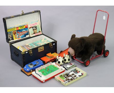 A vintage Deans/Gwentoy “bear” baby-walker; together with various toys &amp; comics; &amp; various children’s &amp; other 45r