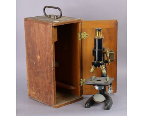 A vintage black lacquered &amp; iron monocular microscope by Bausch &amp; Lomb of Rochester N.Y., U.S.A., with case. 