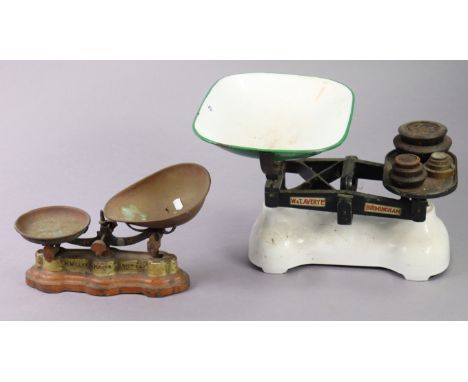 A vintage set of counter-top scales by W &amp; T Avery Ltd. of Birmingham to weigh 28lbs; &amp; another vintage set of counte