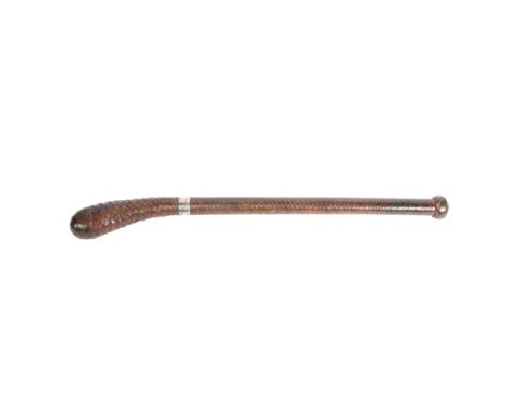 WW2 ATTRIBUTED LEATHER PLAITED SHOW CANE. Second World War leather plaited horse riding show cane, bulbous handle with silver