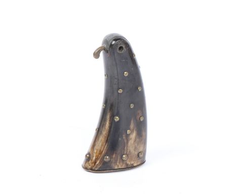 GEORGE III HORN POWDER FLASK. George III horn powder flask, in the form of a bird with brass studs to the body and swivel top