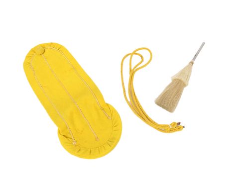 BRITISH ARMY HUSSAR ACCOUTREMENTS. British army Busby accoutrements to the 14th Hussars, yellow busby bag, white plume, and y