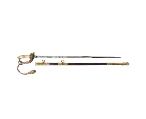 ATTRIBUTED ROYAL NAVAL OFFICERS SWORD. Second World War period Royal Navy Officers Sword, steel blade etched with Royal Coat 