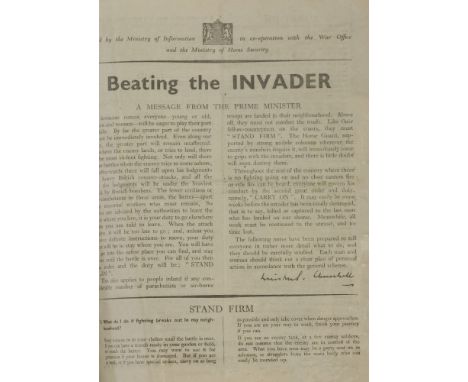 SECOND WORLD WAR:1.  Beating the Invader: A message from the Prime Minister.  Ministry of Information, London, 1941.  Origina