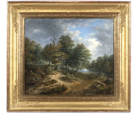 Under a wooded low slope, a path with two visible tracks leads towards the center of the picture to a distant village. Old tr