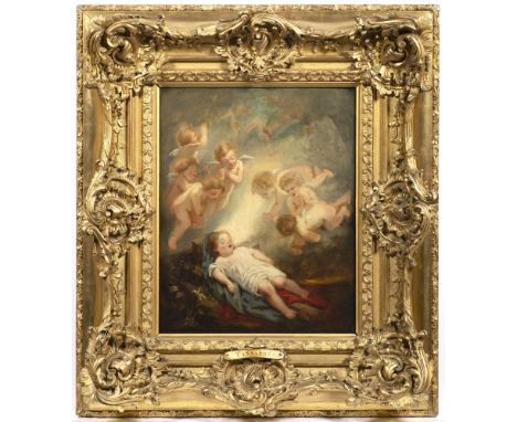 In a wooded landscape, a small blond child in a shiny white robe lies on a red and blue sheet, placed on a wooden cross. The 