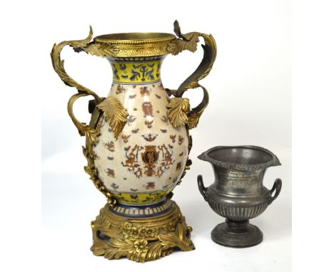 A Chinese crackle glaze ceramic ornate brass mounted vase, height 45cm and a smaller pewter urn shaped cup inscribed 'Present