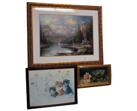 After Thomas Kinkade; a colour lithograph 'Mountain Majesty', limited edition no.153/770, 45cm x 59cm, framed and glazed, wit