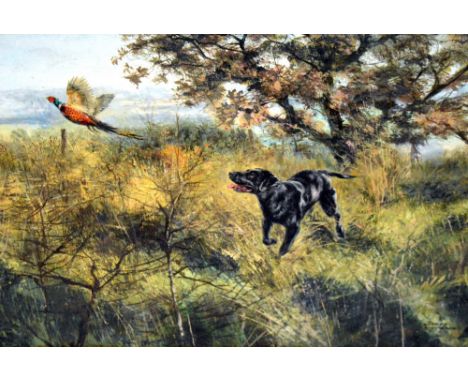 HENRY WILKINSON (1921-); A.R.E., A.R.C.A, an oil on canvas depicting a black hunting dog and pheasant in woodland, additional