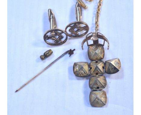 A pair of 9ct gold Masonic cufflinks, a 9ct gold Masonic tie pin, combined approx 8.8g and a silver gilt Masonic puzzle ball 