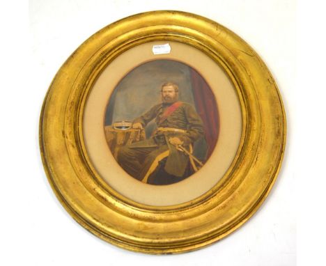 A late 19th early 20th century over painted photographic portrait of a military officer, approx 19 x 15cm, framed and glazed,