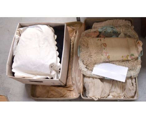 A quantity of clothing and textiles to include a 1930s wedding dress which belonged to the vendor's aunt, along with a receip
