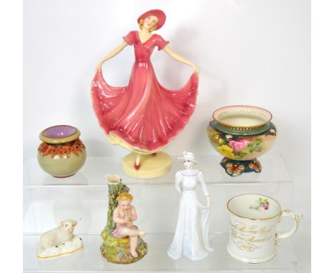 A quantity of 19th and 20th century ceramics to include a Worcester Fairing, an Art Deco figure, rose bowl, a 19th century St
