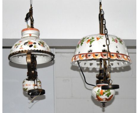 A small quantity of modern Continental style ceramic and gilt metal lighting to include two electroliers, a pair of wall moun