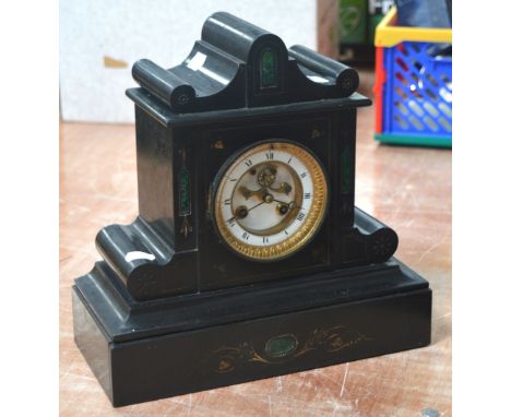 A 19th century French slate mantel clock with circular enamel dial, the movement stamped 'Marti'.