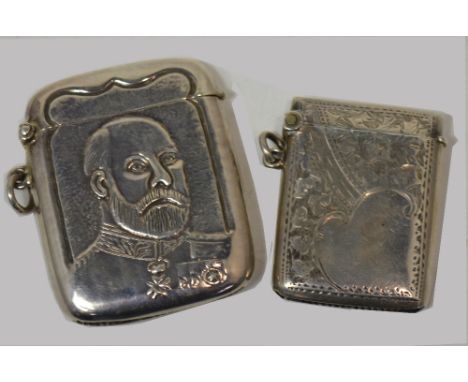 An Edward VII hallmarked silver vesta case, relief decorated with a portrait of Edward VII, Colen Hewer Cheshire, c1907 and a