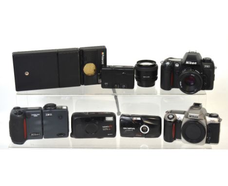 A cased Nikon F80 camera body with 50mm Nikkor lens, a boxed Nikon F65 camera body, further cameras to include Olympus, Canon