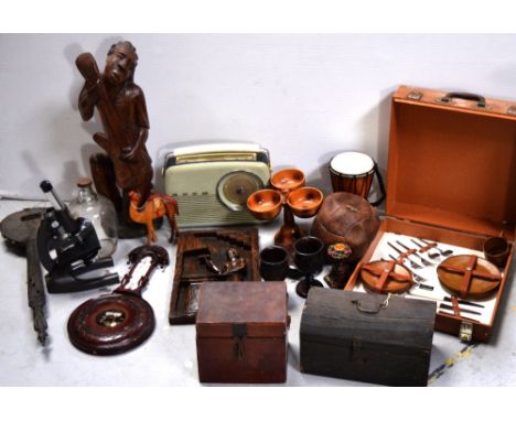 A collectors' lot comprising cased Swift microscope, a miniature set of scales, wooden carvings, a boxed picnic set, a vintag