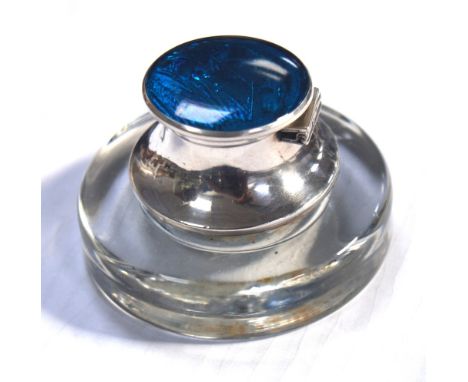 A 20th century enamel and silver mounted glass inkwell.