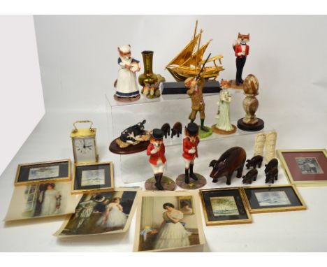 Six composite figures by Border Fine Arts, a set of four miniature paintings, a modern carriage clock etc.