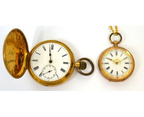 A 14ct gold cased ladies' open face watch the enamel dial set with Roman numerals and gilt detail and an 18ct gold gentleman'