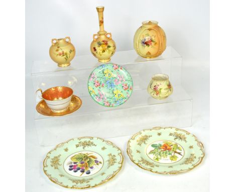 Four pieces of Royal Worcester blush ivory all in need of attention, a pair of hand painted Minton plates, both signed P. Gos