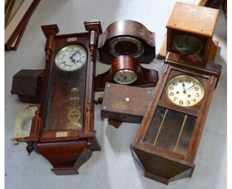 A quantity of various clocks and clock parts to include two wall clocks, three mantel clocks, a cuckoo clock, also a small mo