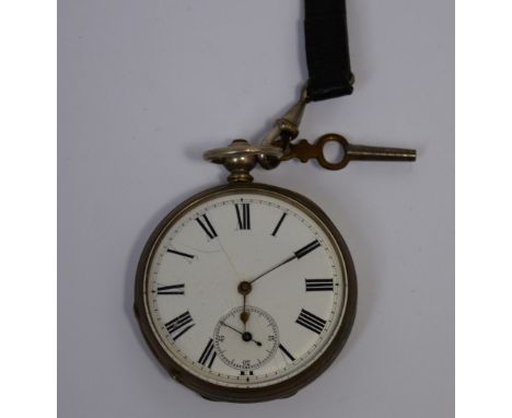 A silver pocket watch the enamel dial set with Roman numerals and subsidiary seconds hand (af).