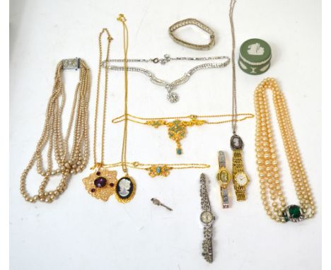A quantity of costume jewellery to include simulated pearl necklaces, chains, a Sekonda watch, white metal bracelet, a Wedgwo