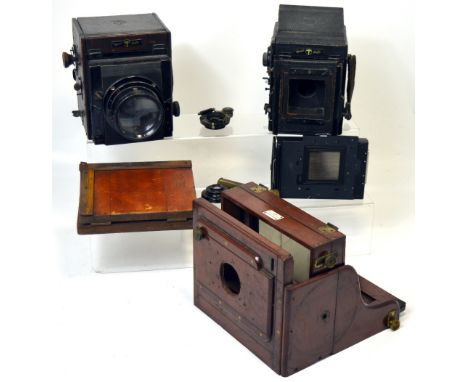 Two Ensign Special Ruby Reflex bellows cameras (af), vintage photographic accessories, parts and lenses.