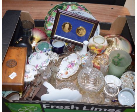 A quantity of ceramics and glassware to include vases, trinket pots, candlesticks, Edwardian dressing table set and two frame