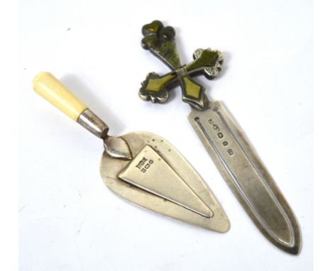 A Victorian hallmarked silver and agate set bookmark in the form of a sword, Joseph Cook & Son, Birmingham 1876 and an Elizab