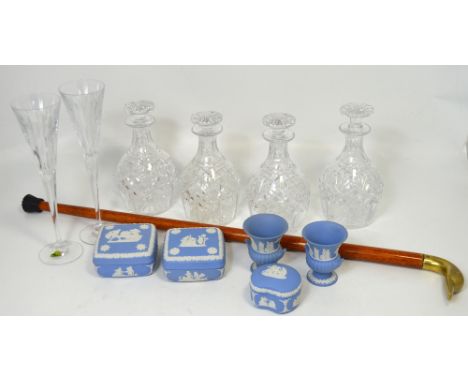 A collectors' lot comprising glassware to include four decanters, a small quantity of Wedgwood Jasperware and a walking stick