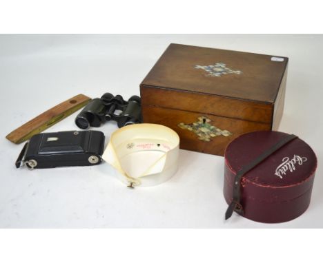 A Victorian mother of pearl inlaid walnut jewellery box with a partially fitted interior in need of restoration, Denhill 8 x 