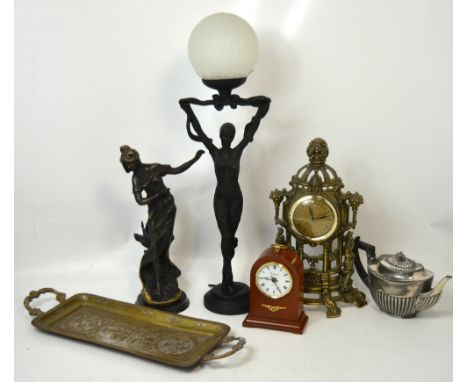 A collectors' lot comprising bronzed figure of a scantily clad female, a twin handled brass tray, a brass mantel clock, a sil