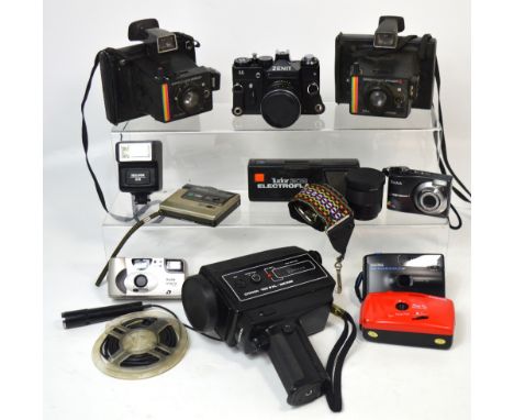 A quantity of cameras and lenses to include a Zenit 11 camera body with 44 M-4 Helios lens, a Chino 100SXL Direct Sound video