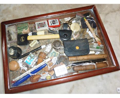 Assorted vintage items in glazed display box - pencils, pocket watch keys, sewing items, etc.